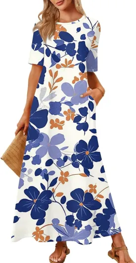 Summer Dresses for Women 2025 Maxi Dress Beach Vacation Short Sleeve Round Neck Dresses Elegant with Side Pocket