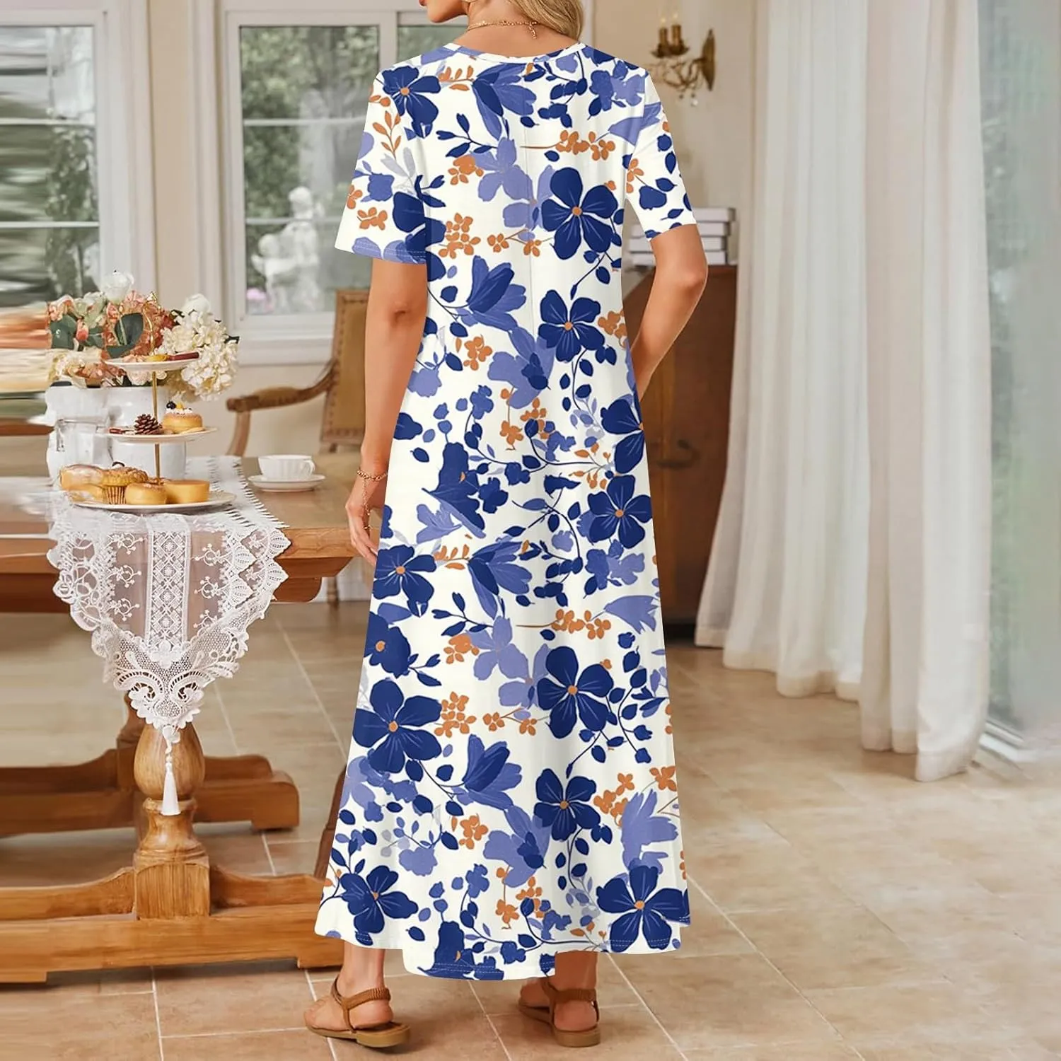 Summer Dresses for Women 2025 Maxi Dress Beach Vacation Short Sleeve Round Neck Dresses Elegant with Side Pocket