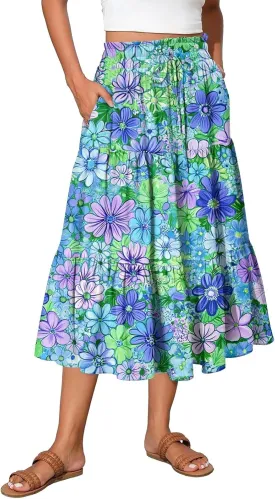 Summer Floral Midi Skirt for Women Comfy Tiered Elastic High Waisted Vacation A-Line Flowy Swing Long