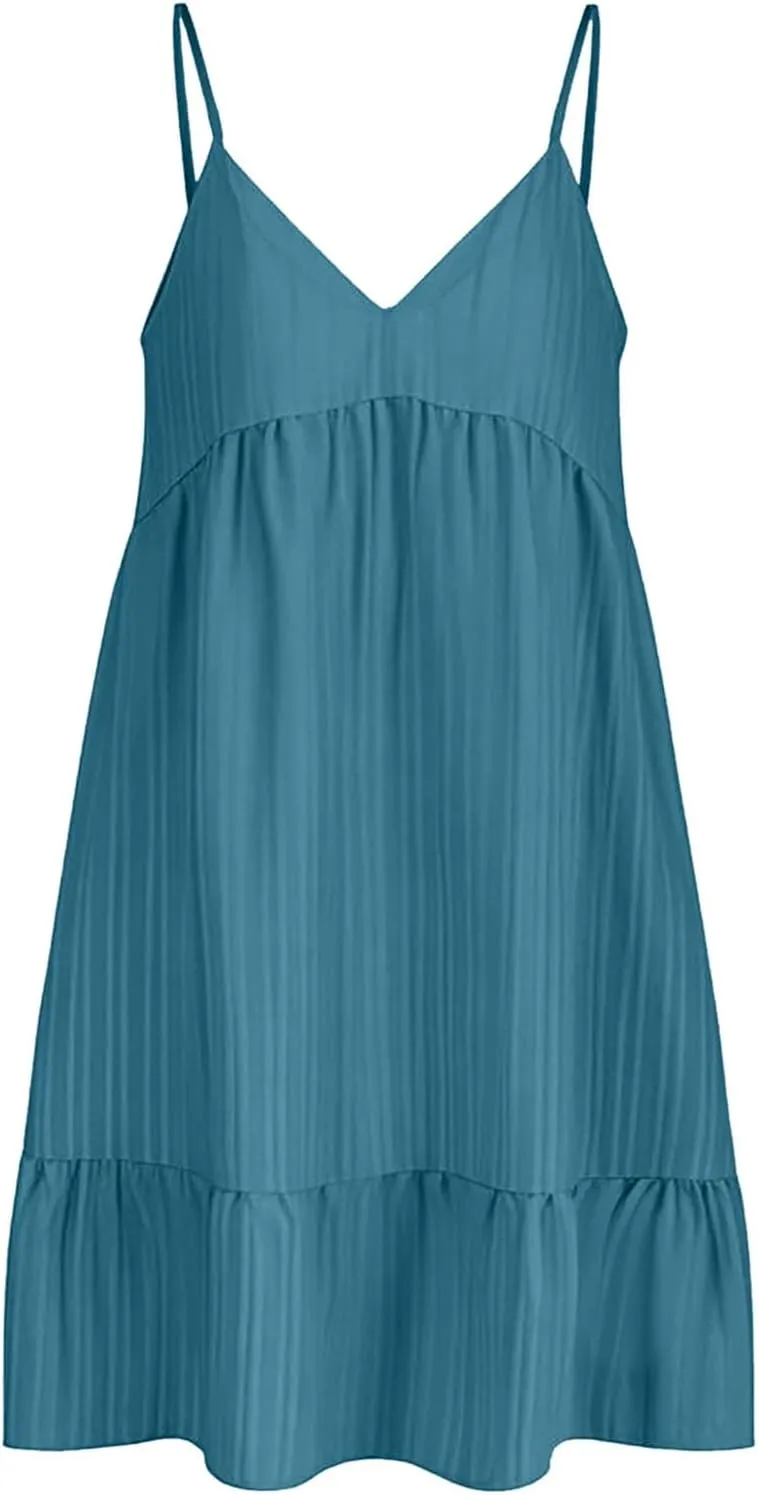 Sun Dresses for Women 2025 Vacation Summer Casual V Neck Spaghetti Strap Slip Dress Pleated Pajamas Mini Dress