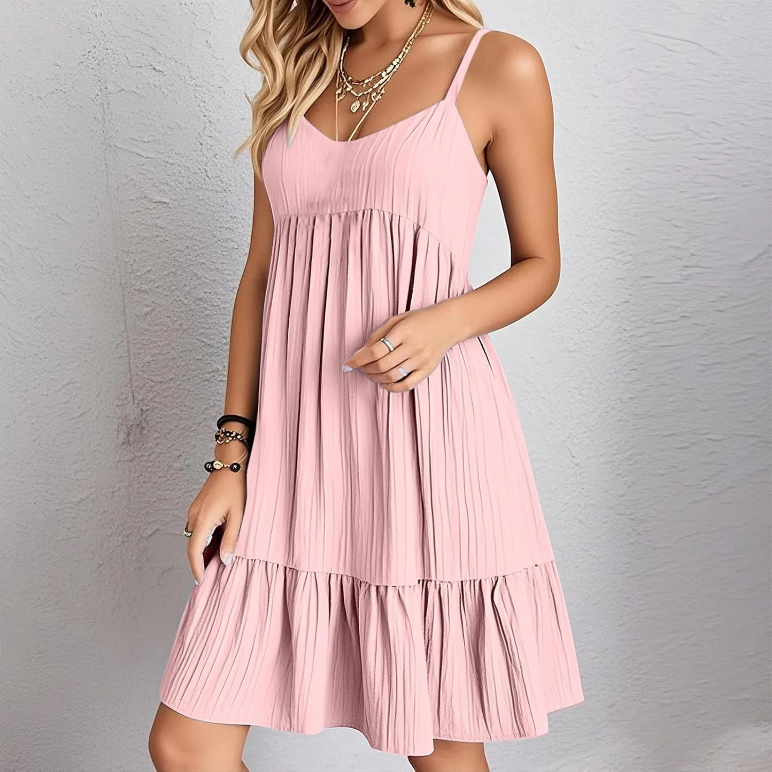 Sun Dresses for Women 2025 Vacation Summer Casual V Neck Spaghetti Strap Slip Dress Pleated Pajamas Mini Dress