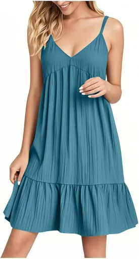Sun Dresses for Women 2025 Vacation Summer Casual V Neck Spaghetti Strap Slip Dress Pleated Pajamas Mini Dress
