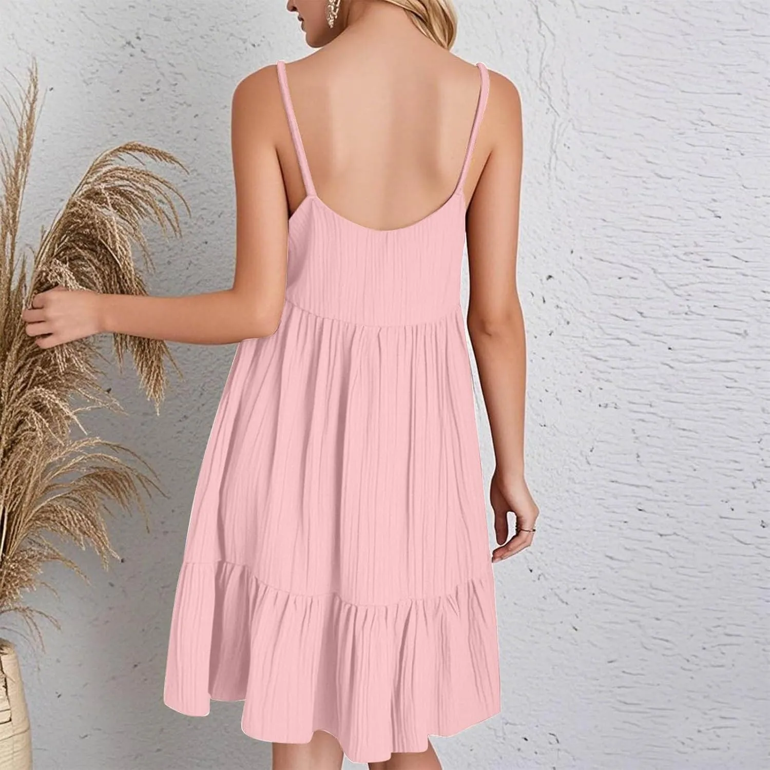 Sun Dresses for Women 2025 Vacation Summer Casual V Neck Spaghetti Strap Slip Dress Pleated Pajamas Mini Dress
