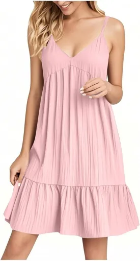 Sun Dresses for Women 2025 Vacation Summer Casual V Neck Spaghetti Strap Slip Dress Pleated Pajamas Mini Dress