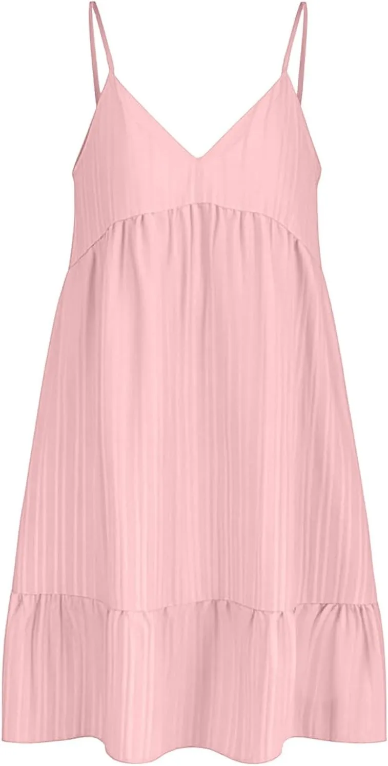 Sun Dresses for Women 2025 Vacation Summer Casual V Neck Spaghetti Strap Slip Dress Pleated Pajamas Mini Dress