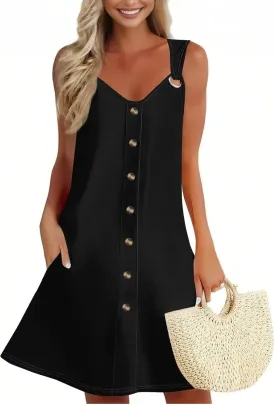 Sundress for Women Sleeveless Tank Dresses 2025 Vacation Plus Size Casual Button V Neck Boho Floral Beach Dress