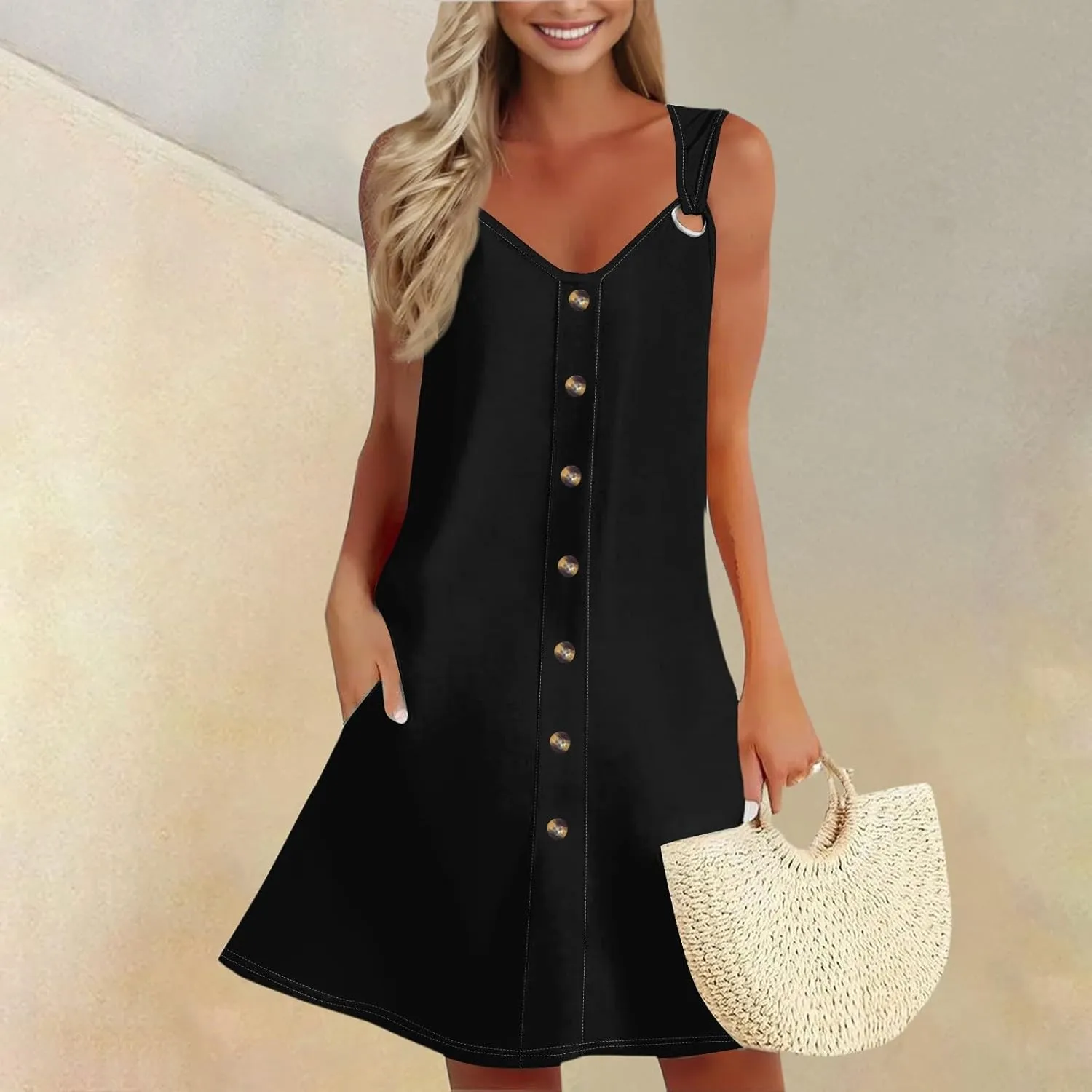 Sundress for Women Sleeveless Tank Dresses 2025 Vacation Plus Size Casual Button V Neck Boho Floral Beach Dress