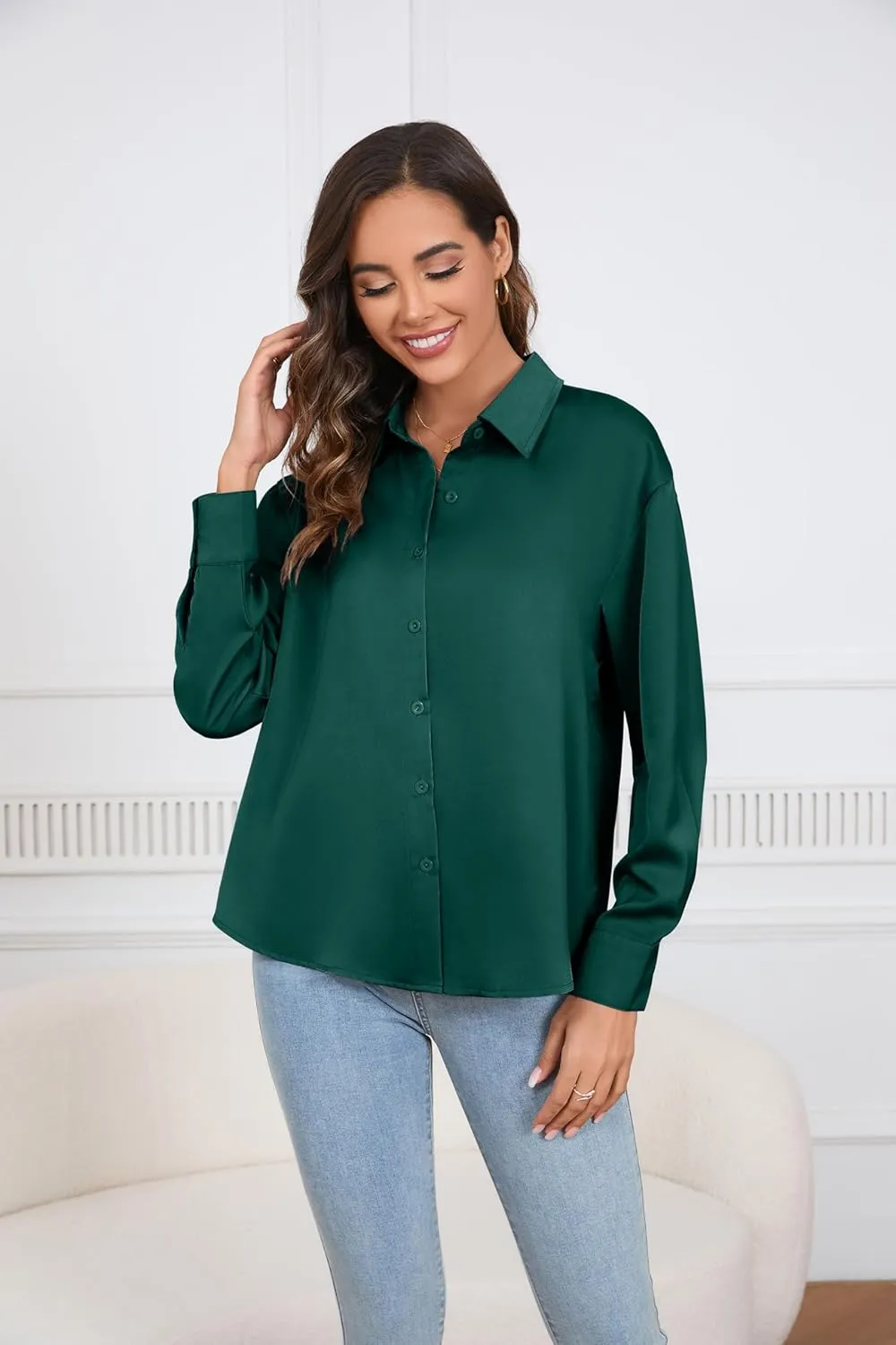 TASAMO Womens Button Down Shirt Satin Silk Shirt V Neck Long Sleeve Button White Collar Standing Collar Work Blouses