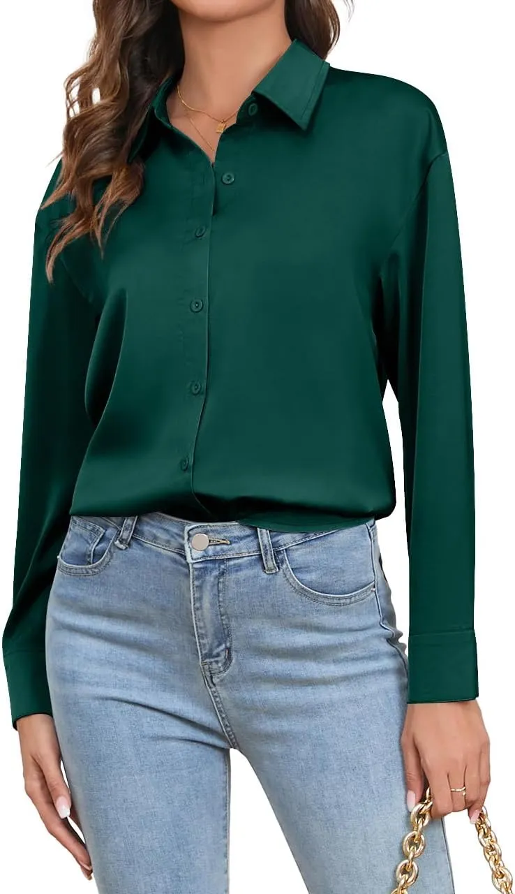 TASAMO Womens Button Down Shirt Satin Silk Shirt V Neck Long Sleeve Button White Collar Standing Collar Work Blouses