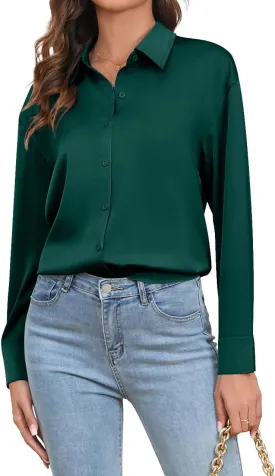 TASAMO Womens Button Down Shirt Satin Silk Shirt V Neck Long Sleeve Button White Collar Standing Collar Work Blouses