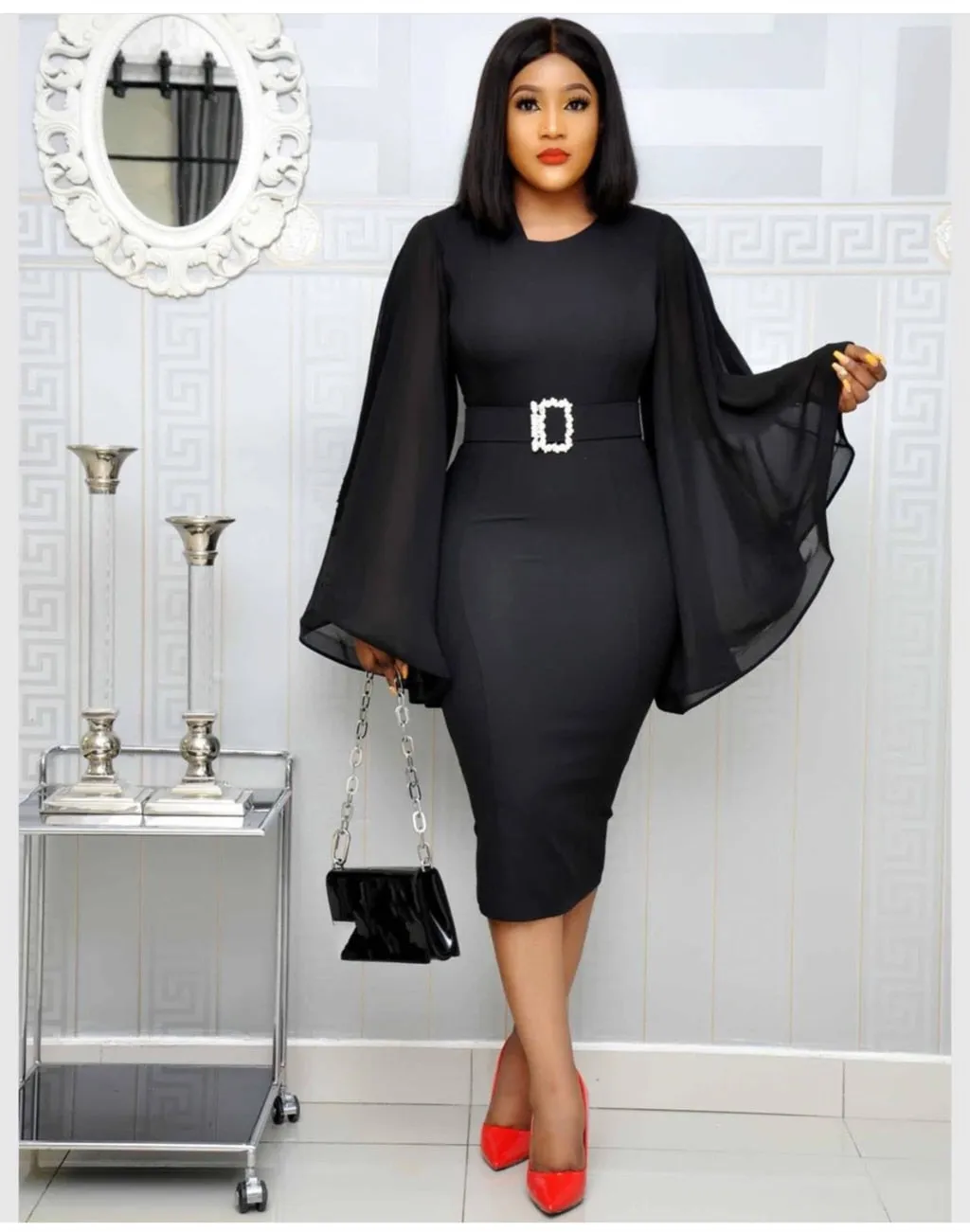 Trendy Black / White Chiffon Flare Long Sleeve Dress
