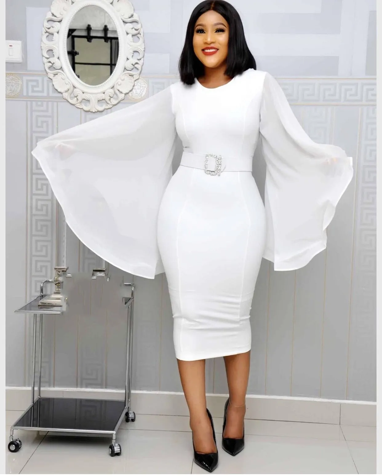 Trendy Black / White Chiffon Flare Long Sleeve Dress