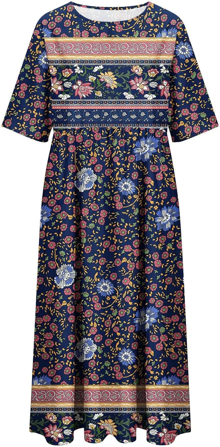 Tshirt Dress for Women 2025 Casual Plus Size Summer Midi Dress Boho Floral Print Loose Flowy Long Dresses with Pockets