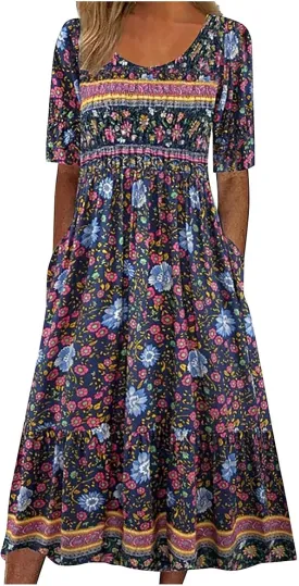 Tshirt Dress for Women 2025 Casual Plus Size Summer Midi Dress Boho Floral Print Loose Flowy Long Dresses with Pockets
