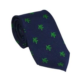 Turtle Necktie - Green on Navy, Woven Silk