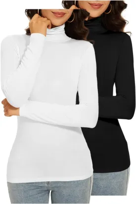 White Turtle Neck Shirt Women Underscrubs Underwear Black Top Winter Fall Long Sleeve Sexy Casual Thermal (Black White XL)