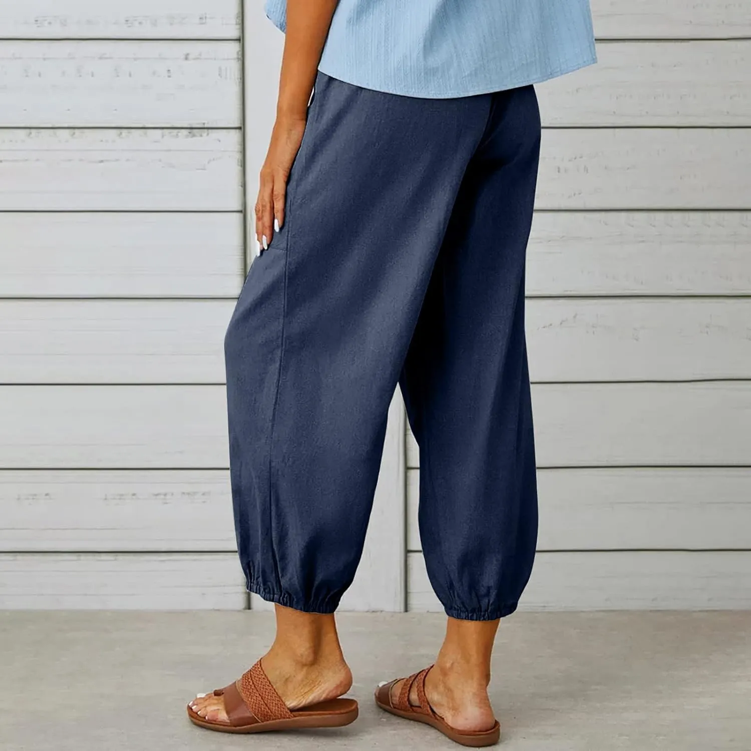 Women Casual Lantern Tapered Harem Pants Solid Loose Fit Style Cotton Linen Capris Pants Elastic Waist Cotton Trouser