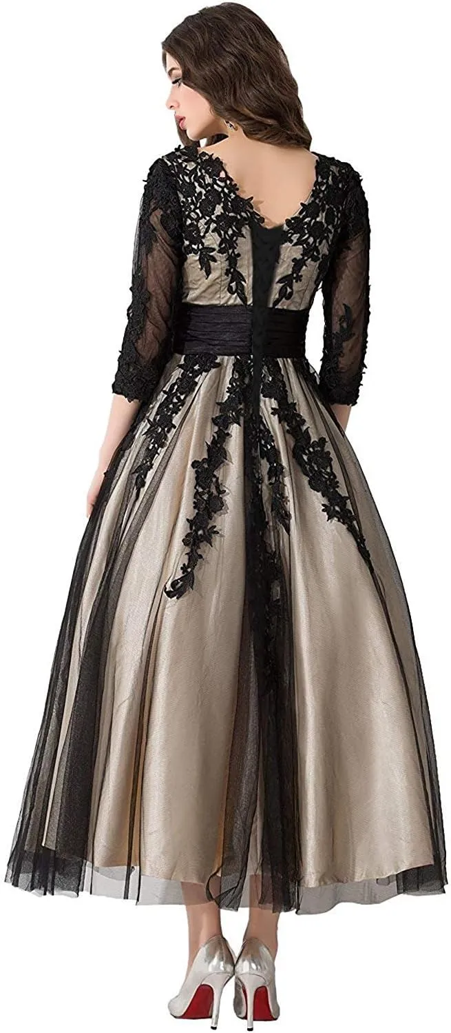 Women's Black Lace Applique Tulle Long Formal Evening Dress
