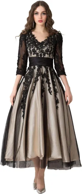 Women's Black Lace Applique Tulle Long Formal Evening Dress
