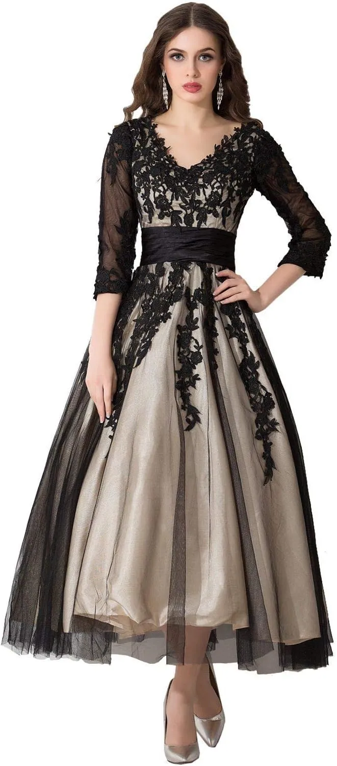 Women's Black Lace Applique Tulle Long Formal Evening Dress
