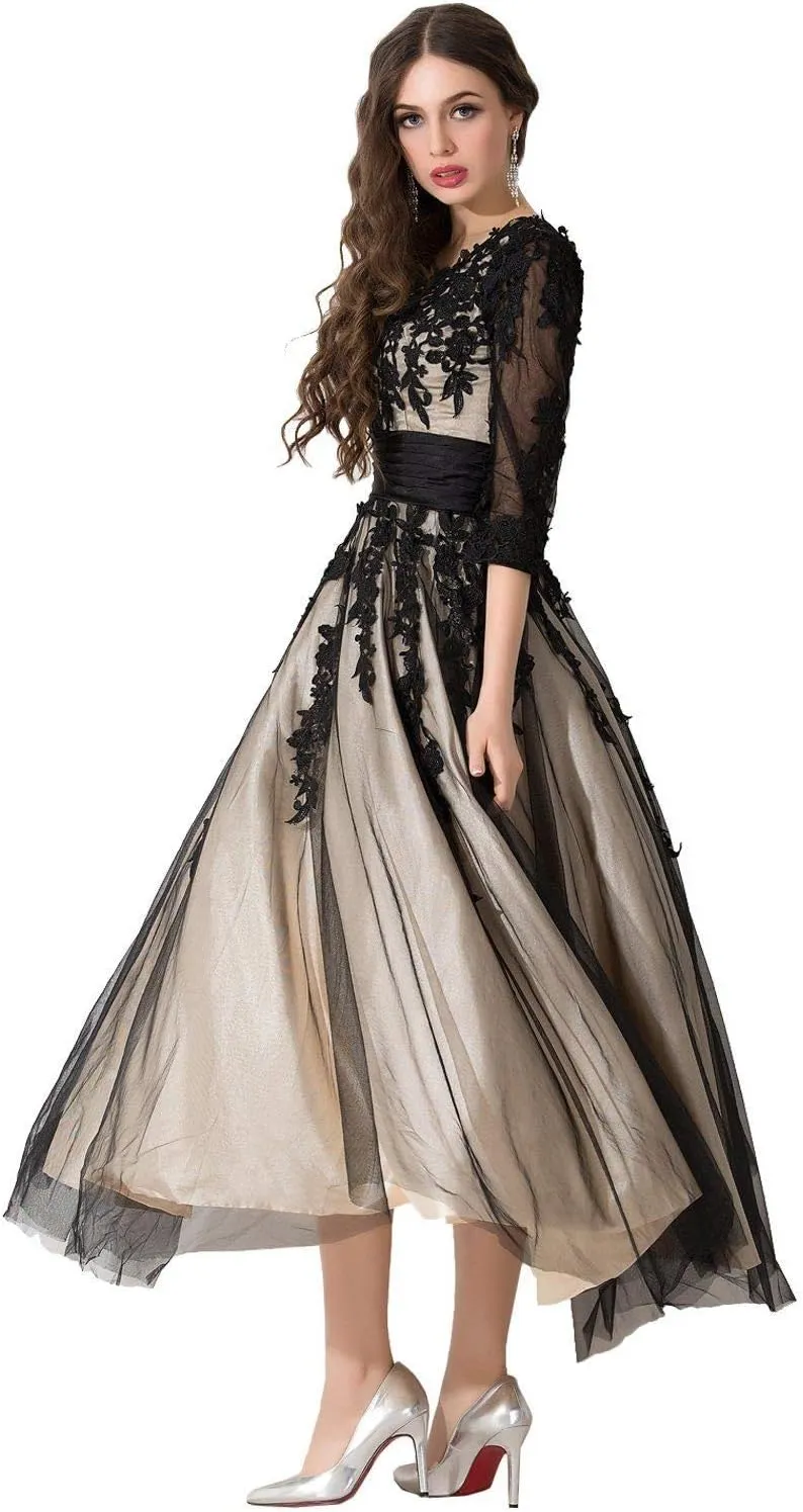 Women's Black Lace Applique Tulle Long Formal Evening Dress