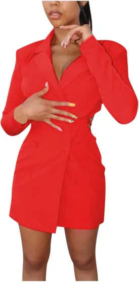 Women's Blazer Dress Sexy Deep V Neck Long Sleeve Bodycon Mini Dresses Cut Out Elegant Party Outfits Clubwear