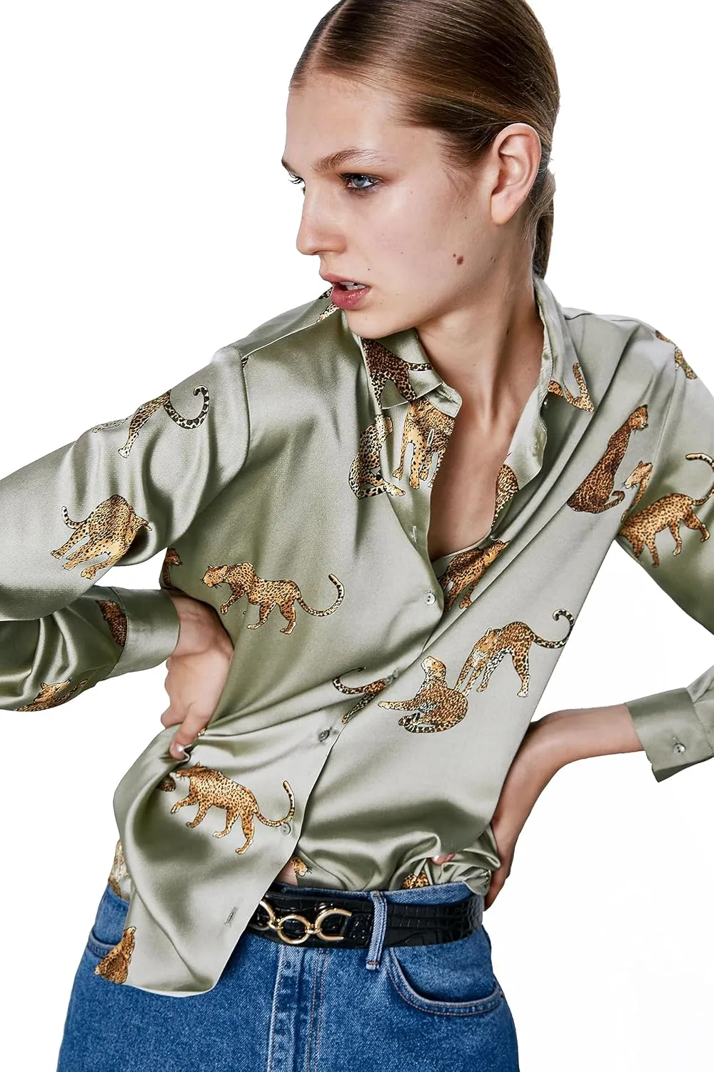 Women's Blouse Satin Silk Shirts, Casual Loose Long Sleeve for Office Work, Corporate Outfit Clothes