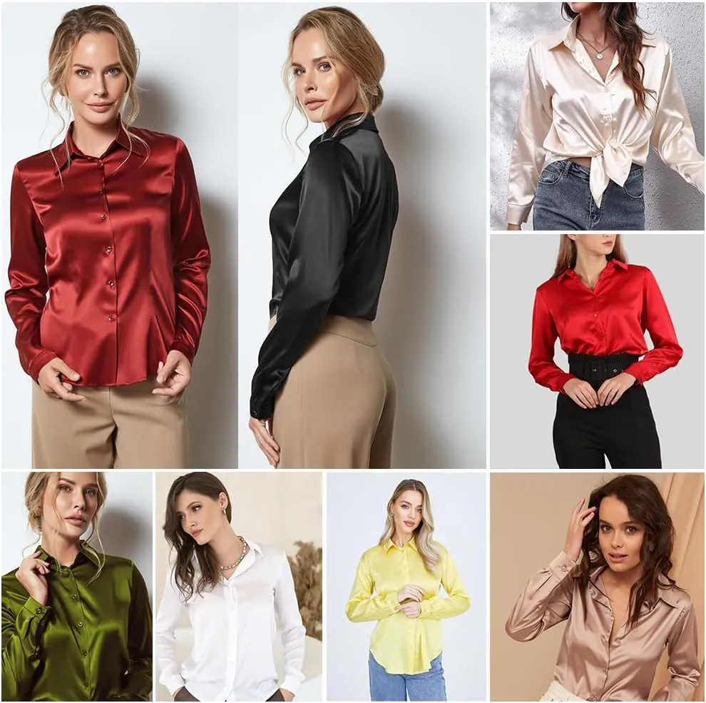 Women's Blouse Satin Silk Shirts, Casual Loose Long Sleeve for Office Work, Corporate Outfit Clothes