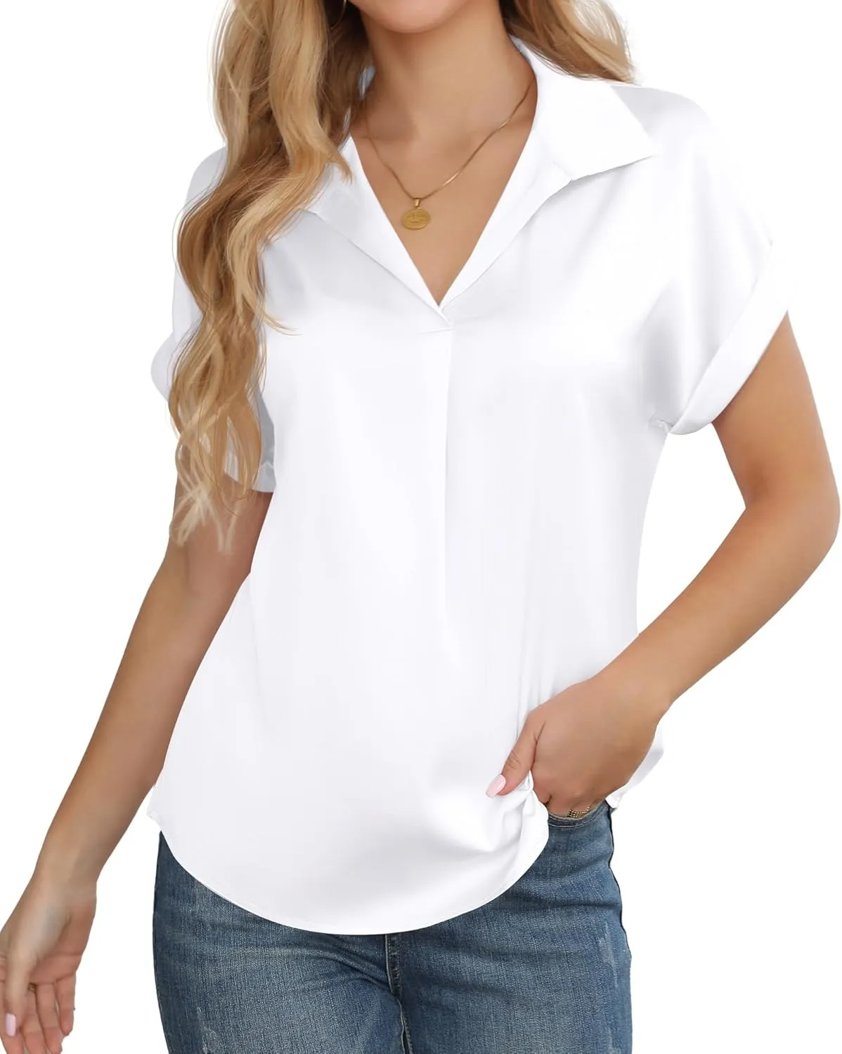 Women's Business Casual Tops Summer Elegant Satin Silk Short Sleeve Shirts V Neck Chiffon Work Business Blouses