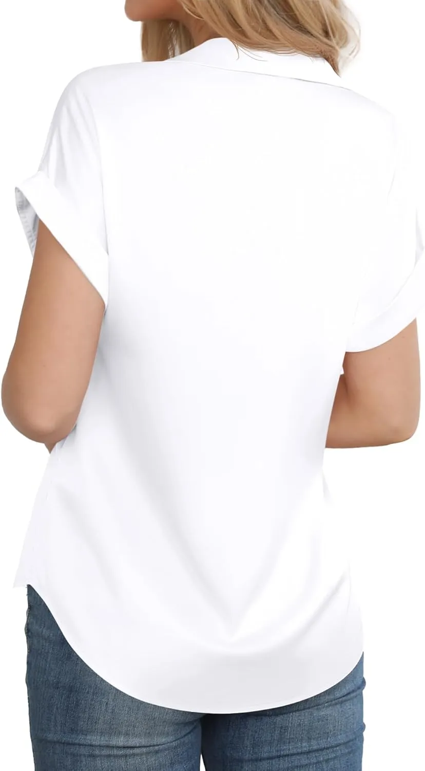 Women's Business Casual Tops Summer Elegant Satin Silk Short Sleeve Shirts V Neck Chiffon Work Business Blouses
