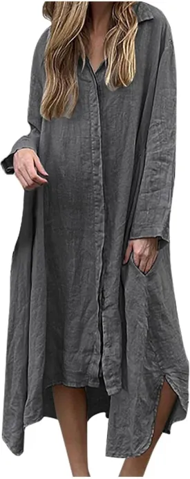 Womens Casual Collared Cotton Linen Maxi Shirt Dress Long Sleeve Button Up Long Swimsuit Cover Ups Summer Beach Dresses