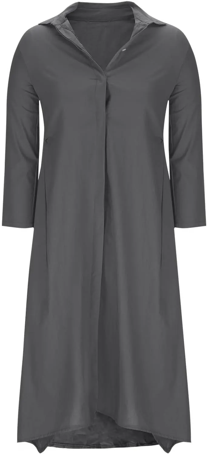 Womens Casual Collared Cotton Linen Maxi Shirt Dress Long Sleeve Button Up Long Swimsuit Cover Ups Summer Beach Dresses
