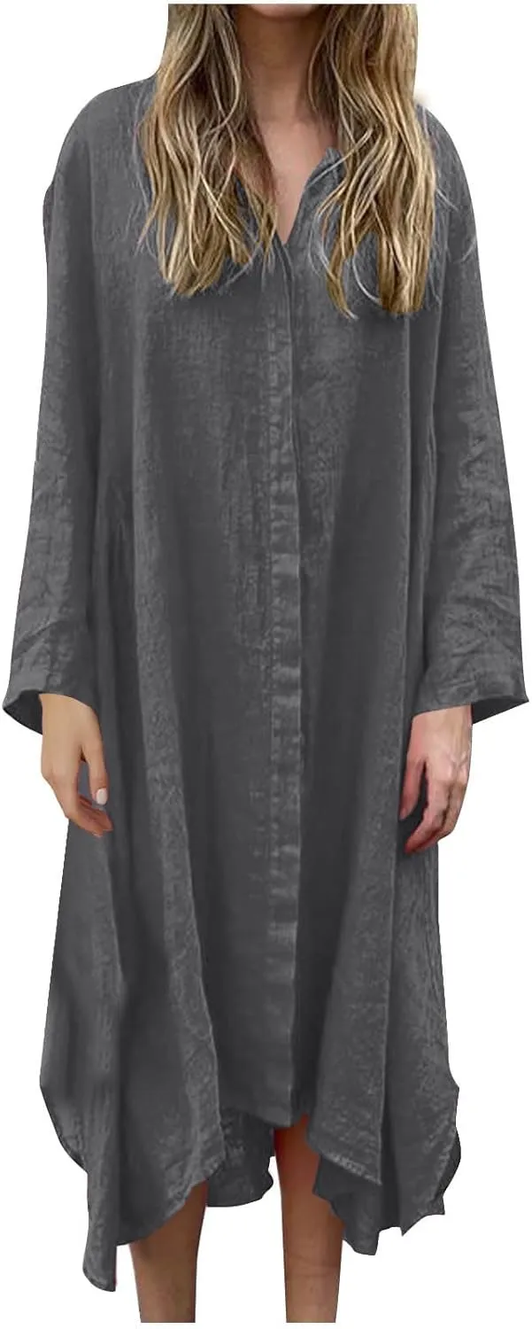 Womens Casual Collared Cotton Linen Maxi Shirt Dress Long Sleeve Button Up Long Swimsuit Cover Ups Summer Beach Dresses