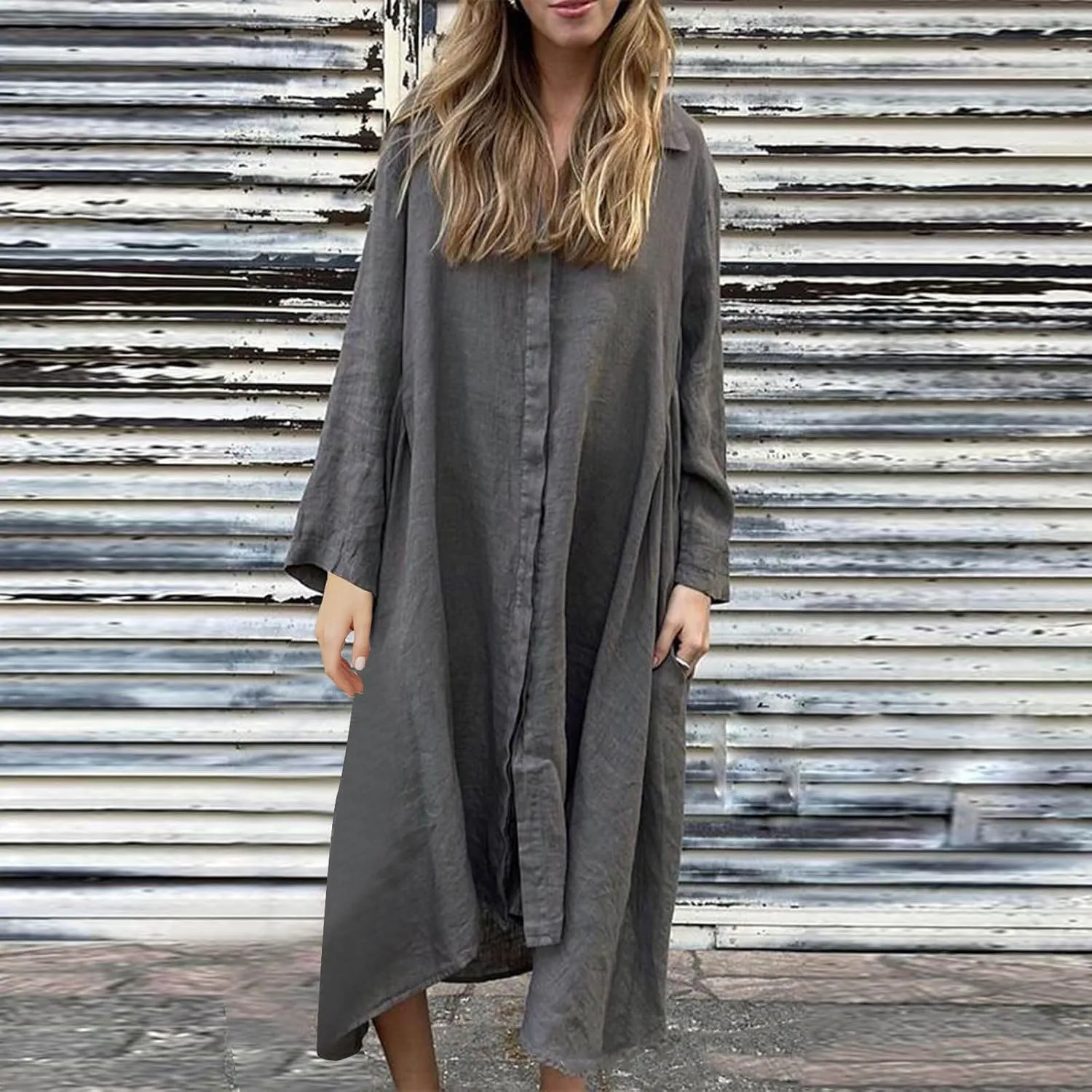 Womens Casual Collared Cotton Linen Maxi Shirt Dress Long Sleeve Button Up Long Swimsuit Cover Ups Summer Beach Dresses