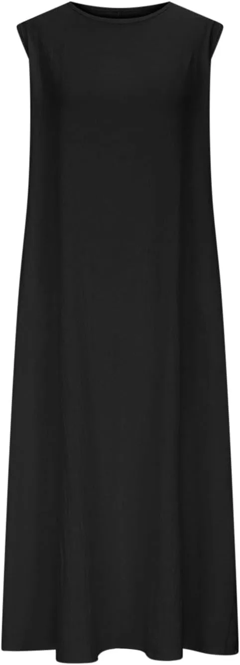 Womens Midi Tank Dresses Summer Casual Cotton Linen Sleeveless Dress with Pockets Loose Flowy Beach Vacation Sundress