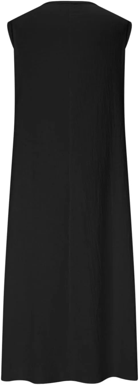 Womens Midi Tank Dresses Summer Casual Cotton Linen Sleeveless Dress with Pockets Loose Flowy Beach Vacation Sundress