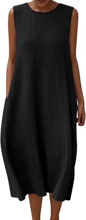 Womens Midi Tank Dresses Summer Casual Cotton Linen Sleeveless Dress with Pockets Loose Flowy Beach Vacation Sundress