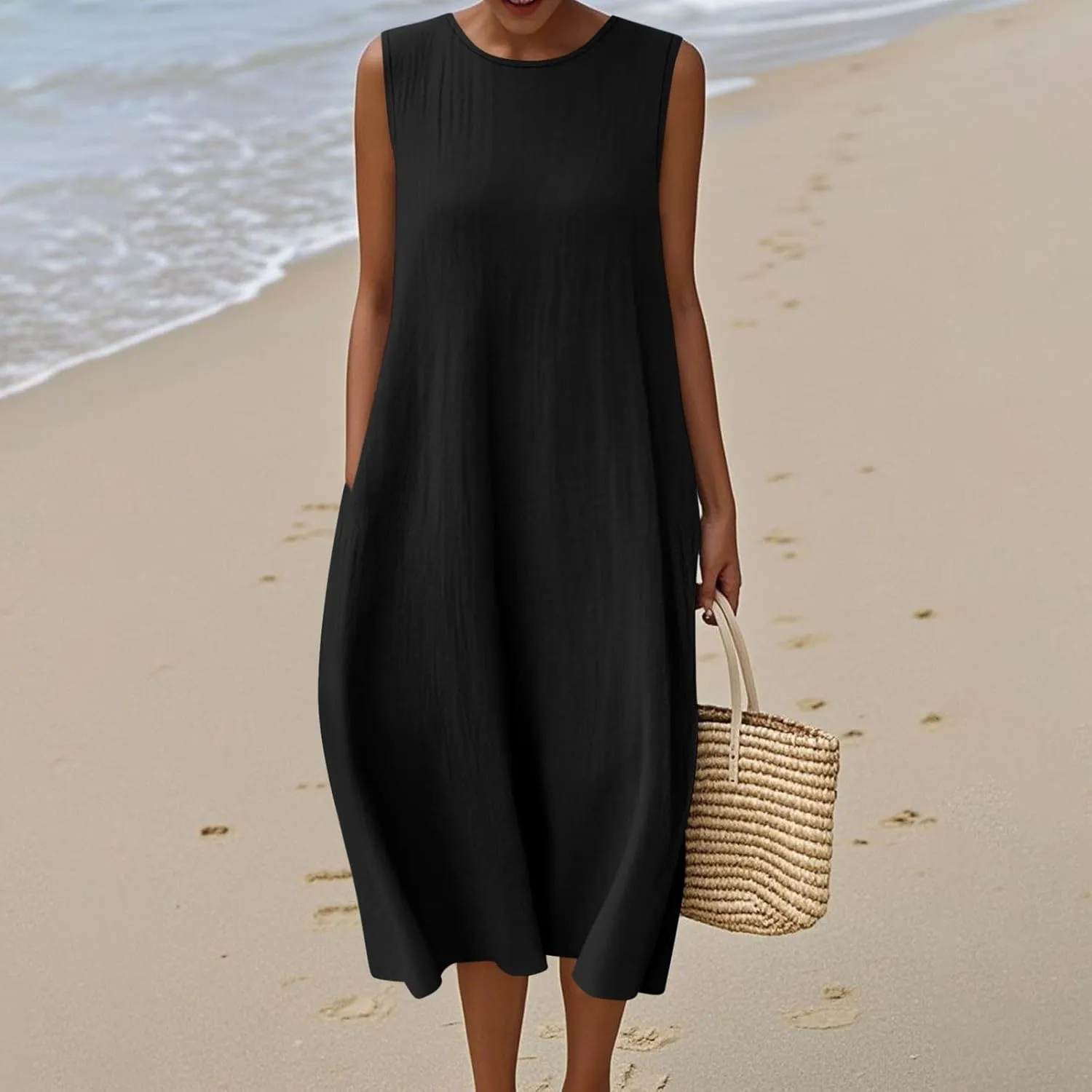 Womens Midi Tank Dresses Summer Casual Cotton Linen Sleeveless Dress with Pockets Loose Flowy Beach Vacation Sundress