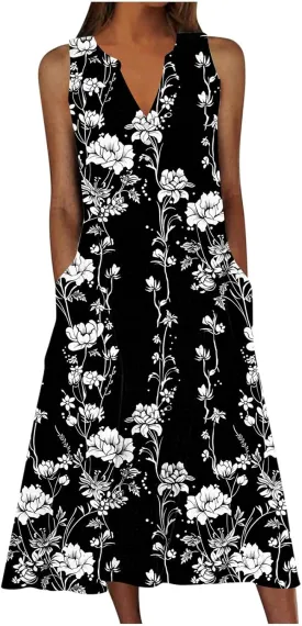Women's Plus Size Sundress Summer Floral Print Casual Boho Midi Dress Sleeveless V-Neck Long Tank Dress with Pockets
