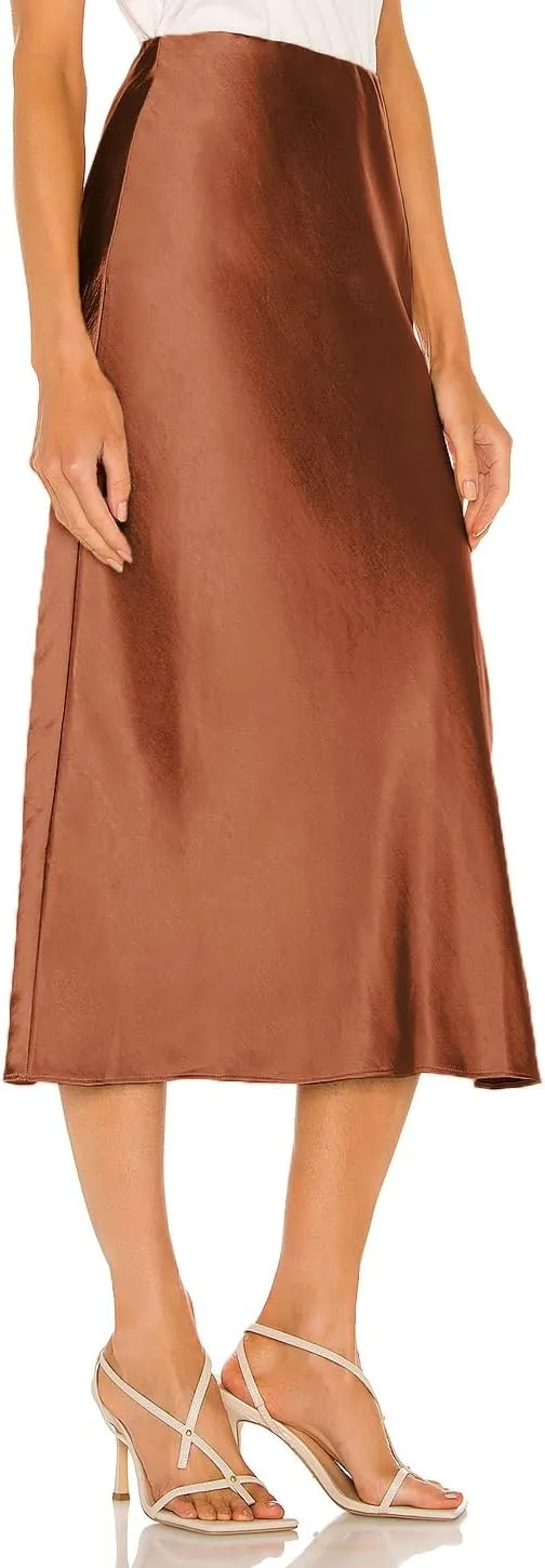 Women's Satin Silk High Waist Slit Midi Skirt Elastic Waistband Midi Skirts A Line Elegant Work Skirt