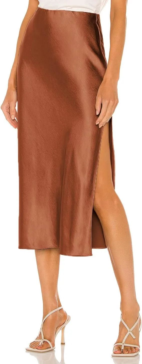 Women's Satin Silk High Waist Slit Midi Skirt Elastic Waistband Midi Skirts A Line Elegant Work Skirt