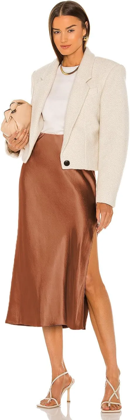 Women's Satin Silk High Waist Slit Midi Skirt Elastic Waistband Midi Skirts A Line Elegant Work Skirt