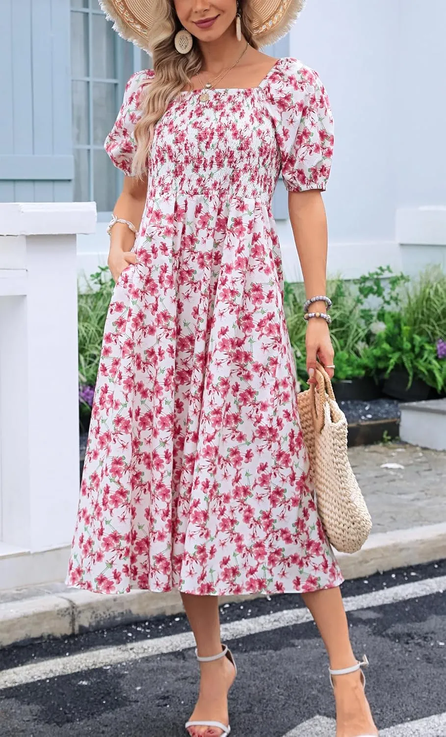 Women's Square Neck Floral Long Dress Puff Short Sleeve High Waist Smocked Midi Dress