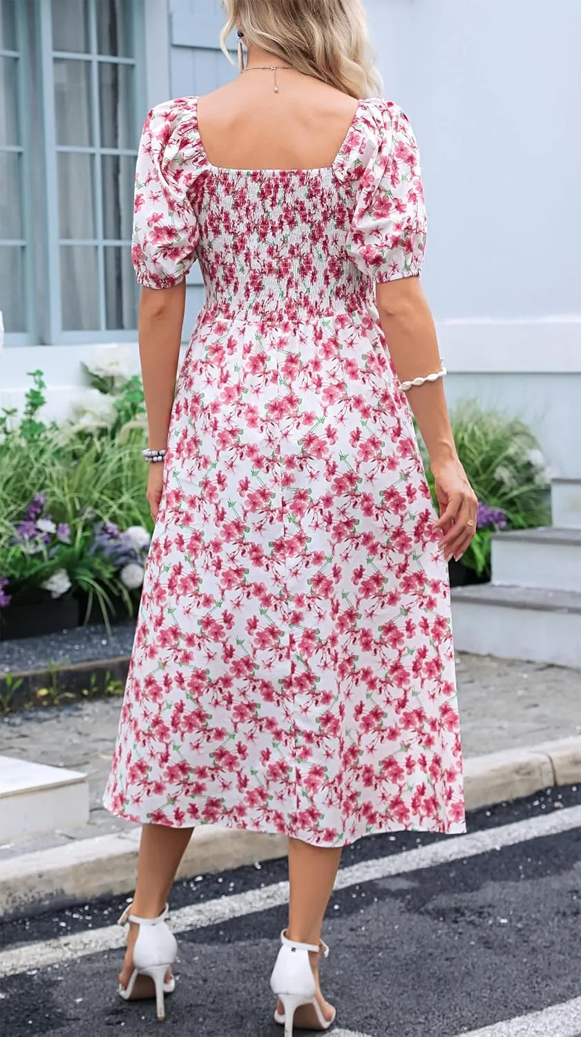 Women's Square Neck Floral Long Dress Puff Short Sleeve High Waist Smocked Midi Dress