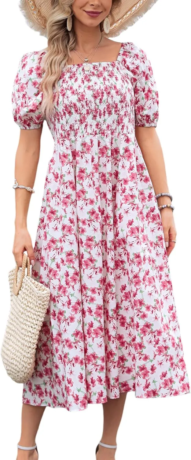 Women's Square Neck Floral Long Dress Puff Short Sleeve High Waist Smocked Midi Dress