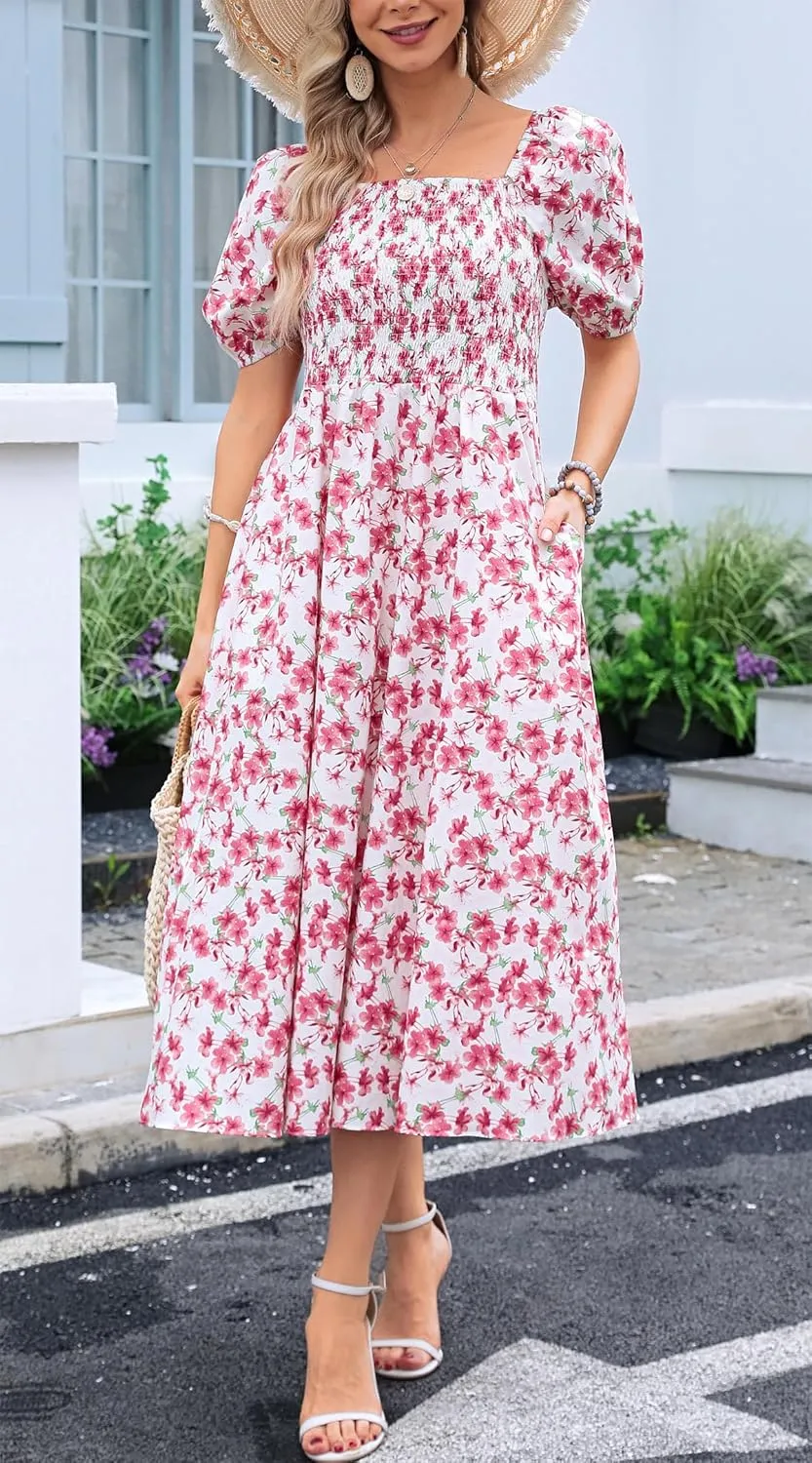 Women's Square Neck Floral Long Dress Puff Short Sleeve High Waist Smocked Midi Dress