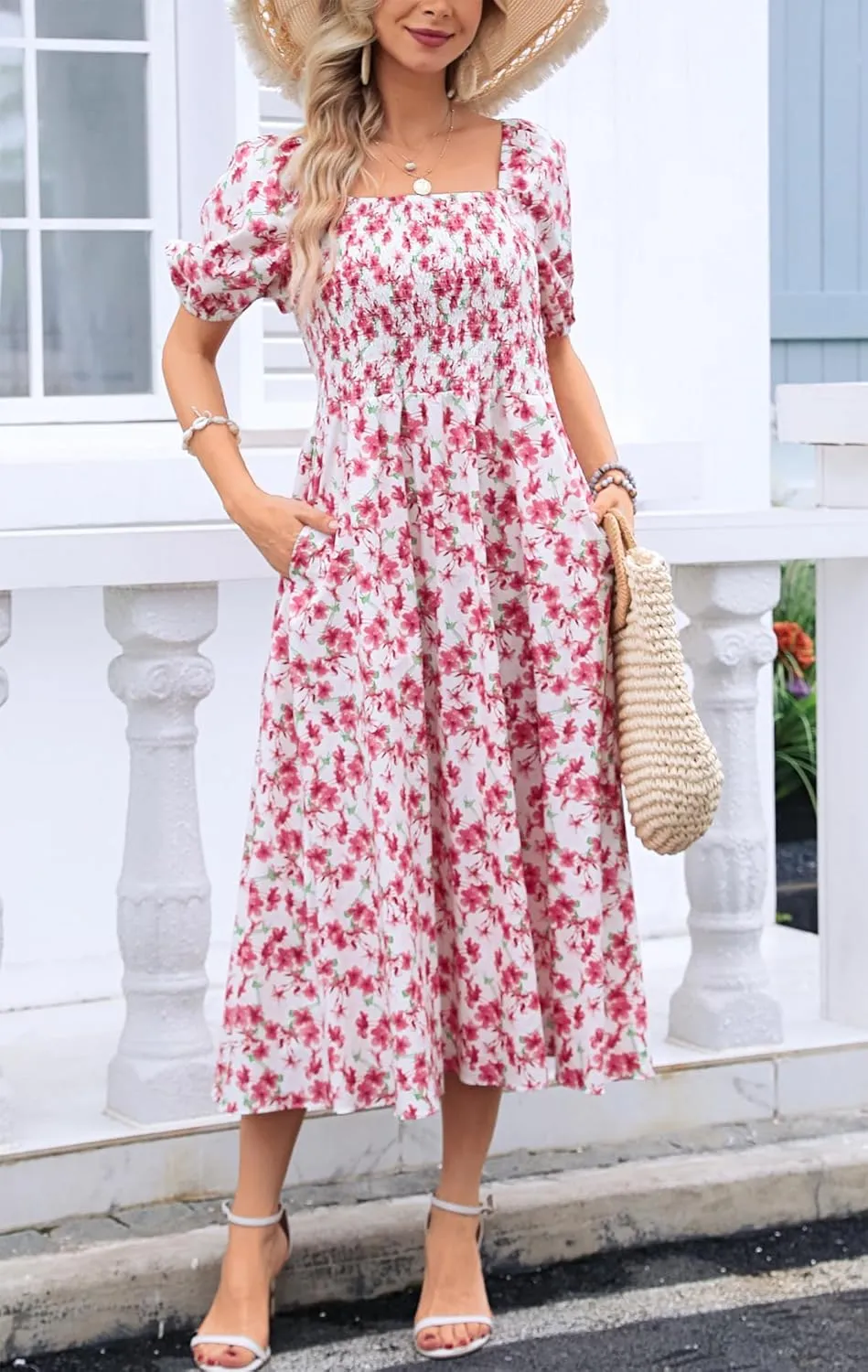 Women's Square Neck Floral Long Dress Puff Short Sleeve High Waist Smocked Midi Dress