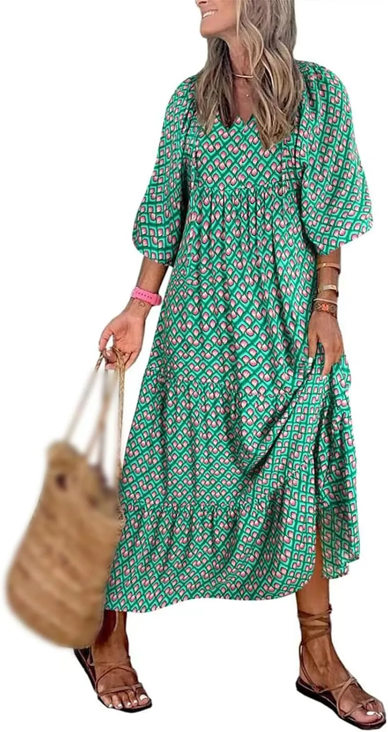 Womens Summer Dresses Boho Floral Drawstring V Neck Chiffon Lantern Sleeve Maxi Long Dresses Beach Sundress