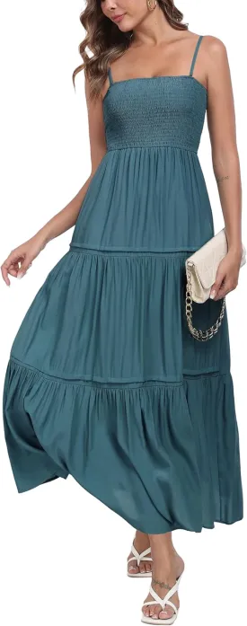 Women's Summer Maxi Dress Casual Boho Sleeveless Strapless Smocked Tiered Long Sun Dresses