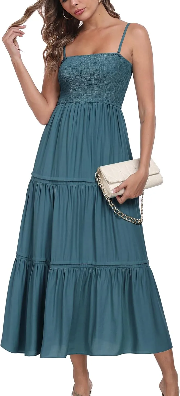 Women's Summer Maxi Dress Casual Boho Sleeveless Strapless Smocked Tiered Long Sun Dresses